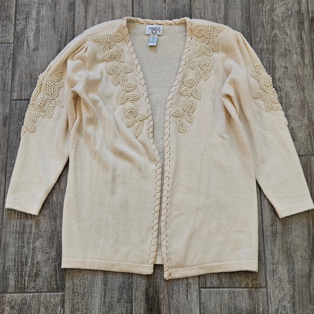 Vintage Lambswool Angora Pearl Sweater Size‎ L Ivory Coquette Regency Grandma